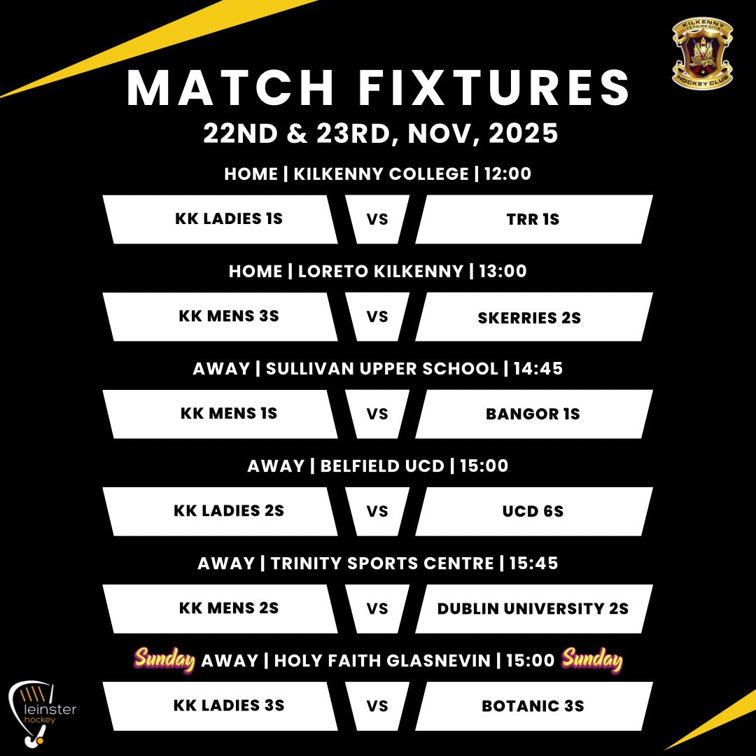 Senior fixtures 22nd and 23rd of November 2025. Busy weekend of fixtures for our senior teams. As always, all supporters are welcome at games. Best of luck to all players involved.