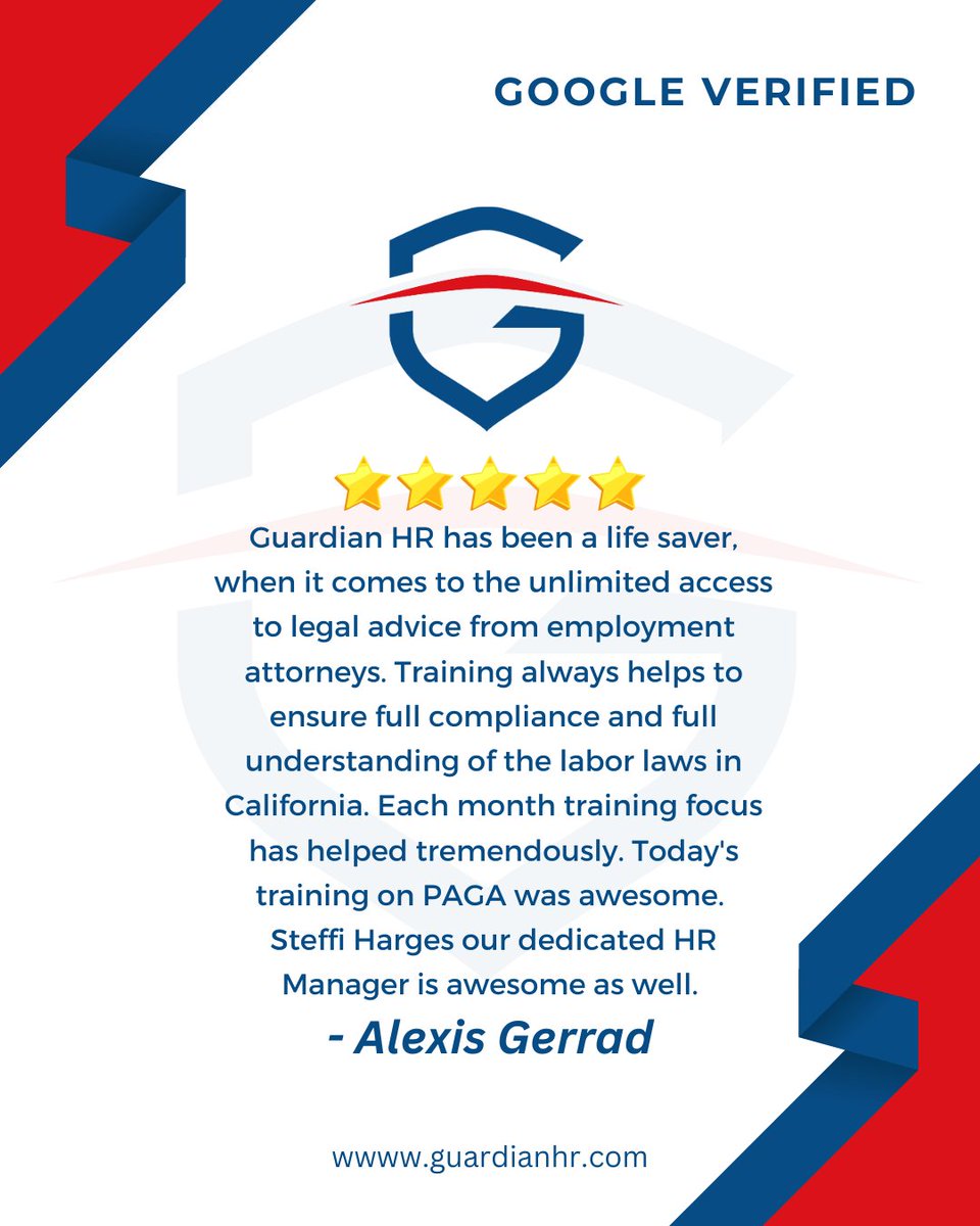 Guardian_HR's tweet image. ⭐️ Another 5-star review from a business protected by Guardian HR.

Unlimited legal support, clear compliance training, and an HR team that truly shows up for you. 

👉 Want support like this? Contact Guardian HR today.

#HRSupport #BusinessProtection #GuardianHR #ComplianceHelp