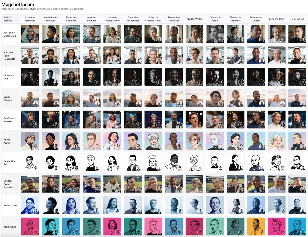 我们正在用 Gemini 开发这个内部工具，用来生成我们自己独特的占位符头像。开发这个工具真的超级有趣。

精心挑选的风格提示和人物描述，如果生成的组合我不喜欢，只需点击方框，它就会重新生成。可以非常快速地打造一套出色的自定义组合。