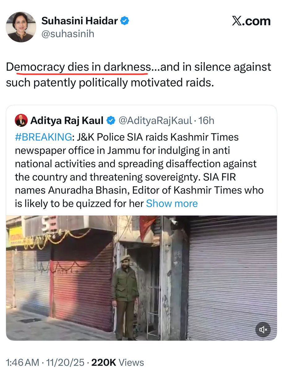 zPopzz_'s tweet image. 🚨 Jihad-WokeLeft is a well-connected global hydra.

Example: DS Subramanium Swamy’s daughter @suhasinih of @the_hindu infamy pulls the phrase from the DS toolkit, “Democracy dies in Darkness” to defend fellow Jihad-WokeLeft coterie of The Kashmir Times🤦🏽