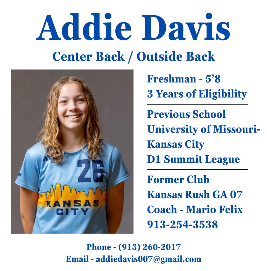 AddieDavis007's tweet image. I have officially entered the #transferportal with 3 years of eligibility remaining. I am thankful for my time at UMKC. I’m excited for this next chapter and look forward to connecting with coaches and exploring new opportunities! @ImCollegeSoccer  @CSTransfer @ImYouthSoccer