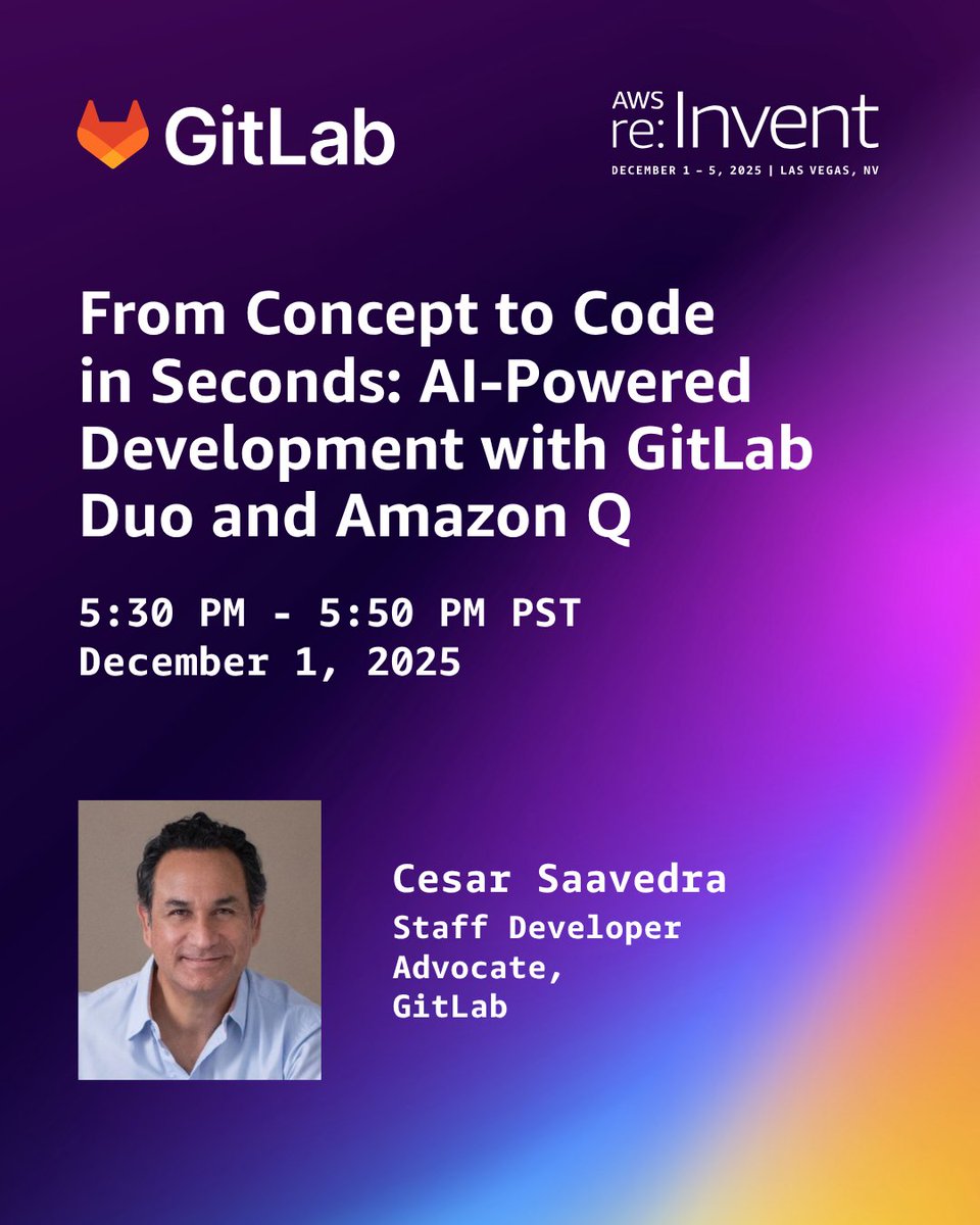 cesar_saavedr's tweet image. I’ll be at #AWSreInvent in Las Vegas from Dec 1 - Dec 5, and I invite you to stop by Booth 521 for my lightning talk From Concept to Code in Seconds: AI-Powered Development with @gitlab Duo and Amazon Q on Mon Dec 1 at 5:30 PM. about.gitlab.com/events/aws-rei… #DevSecOps #AIML #AgenticAI