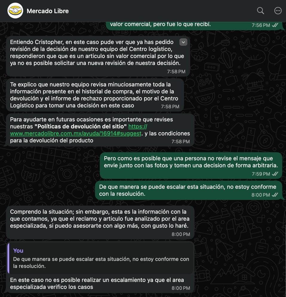 cristopher_bg's tweet photo. @Mercadolibre @Profeco @Descuentos 10. Unos minutos después recibo una respuesta negativa por parte de @Mercadolibre argumentando que su decisión es definitiva @Profeco, los contacte por WhatsApp y me respondieron esto. #buenFin #fraude https://t.co/6BqCc2wW42