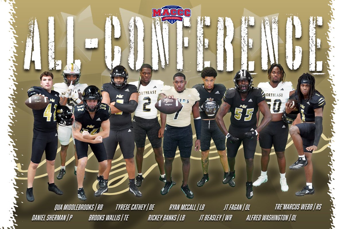 FB | Congratulations to the 🔟 <a href="/nemcc_football/">NEMCC TIGER FOOTBALL</a> players that received all-conference honors!!

DL Tyrese Cathey, OL JT Fagan &amp; LB Ryan McCall led the way as first-team selections!

🐯 #TigerTown