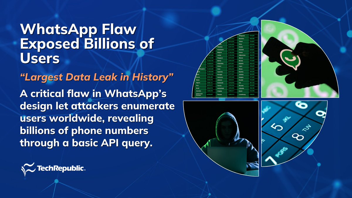 TechRepublic's tweet image. 🚨 A simple @WhatsApp flaw exposed 3.5 billion numbers worldwide — no hacking required.

Researchers matched contacts, photos, and “About” texts at massive scale.

Read more: techrepublic.com/article/news-w… 

#InfoSec #WhatsApp #DataPrivacy
