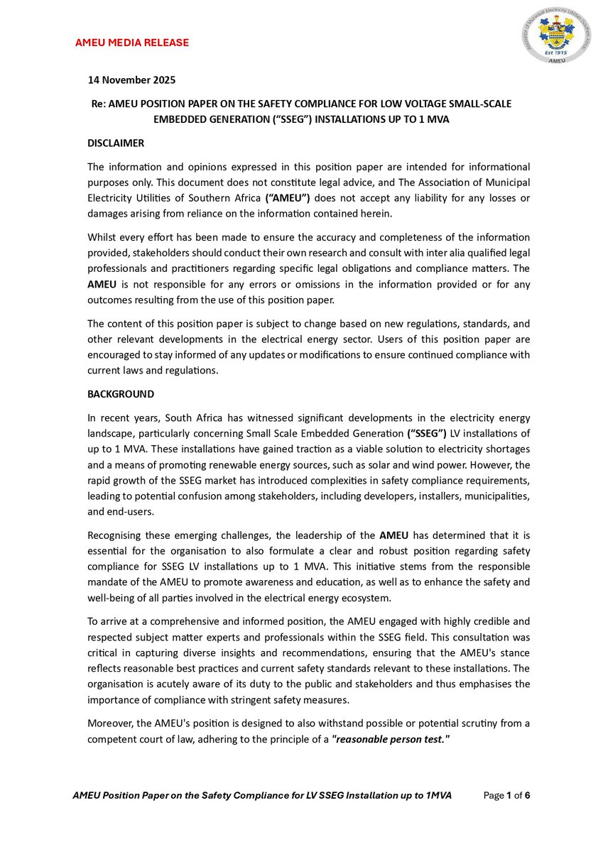 The_AMEU's tweet photo. AMEU MEDIA RELEASE Re: AMEU POSITION PAPER ON THE SAFETY COMPLIANCE FOR LOW VOLTAGE SMALL-SCALE EMBEDDED GENERATION (“SSEG”) INSTALLATIONSUPTO1MVA https://t.co/NWdTWg9XKl