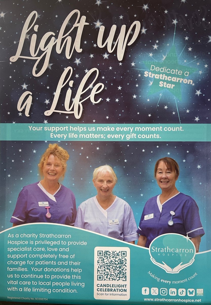 🌟Light Up A Life Appeal🌟 

💙Donate to the hospice and dedicate a ‘Strathcarron Star’ on our website for a loved one and see it sparkle in our virtual ‘Starry Sky’. 

ℹ️StrathcarronHospice.net