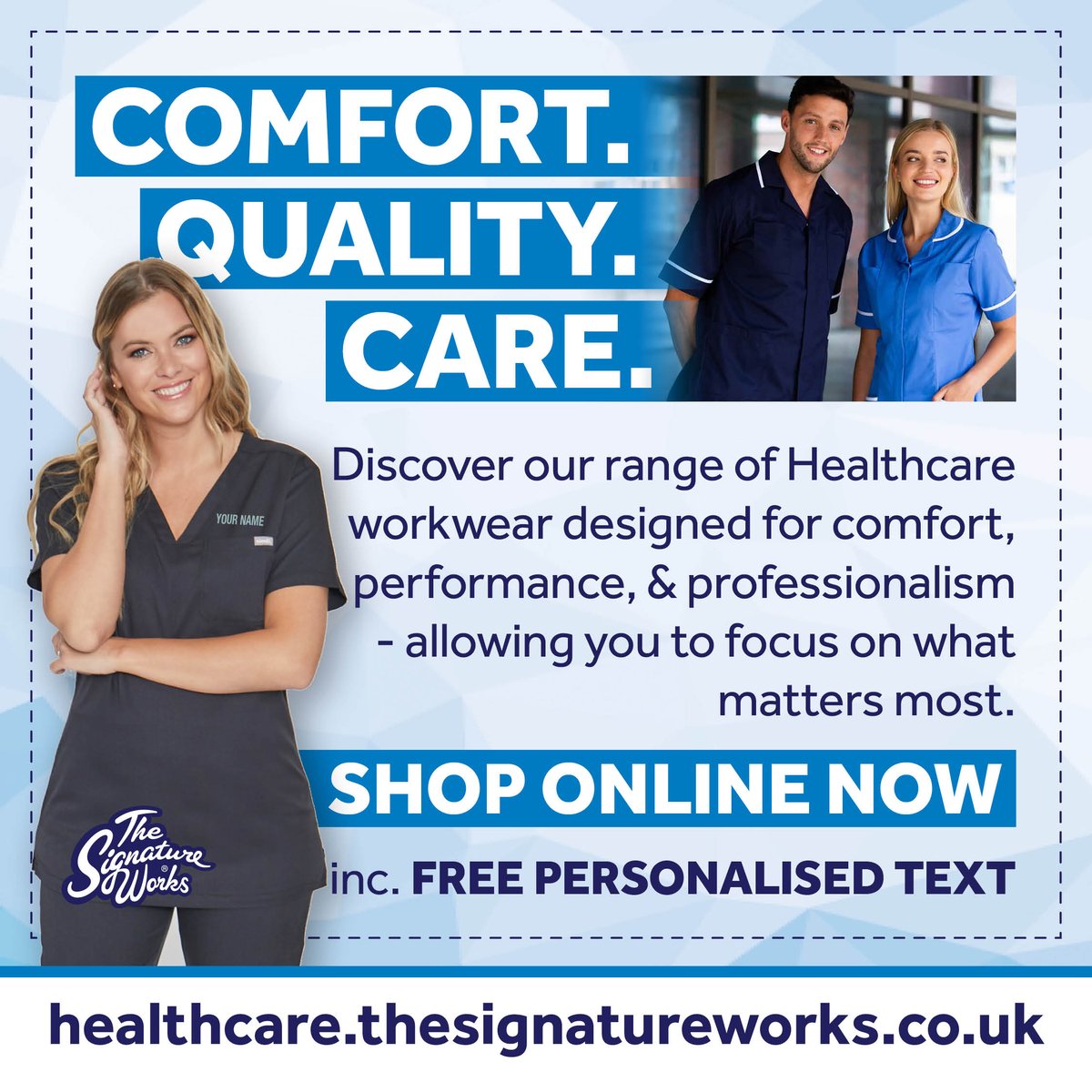 SignatureWorks's tweet image. Long shifts. Busy wards. Constant care. You need workwear that can keep pace. Our healthcare collection offers all-day comfort, practicality, and modern style—letting you concentrate on what truly matters: caring for others. Elevate your uniform today 👉 healthcare.thesignatureworks.co.uk