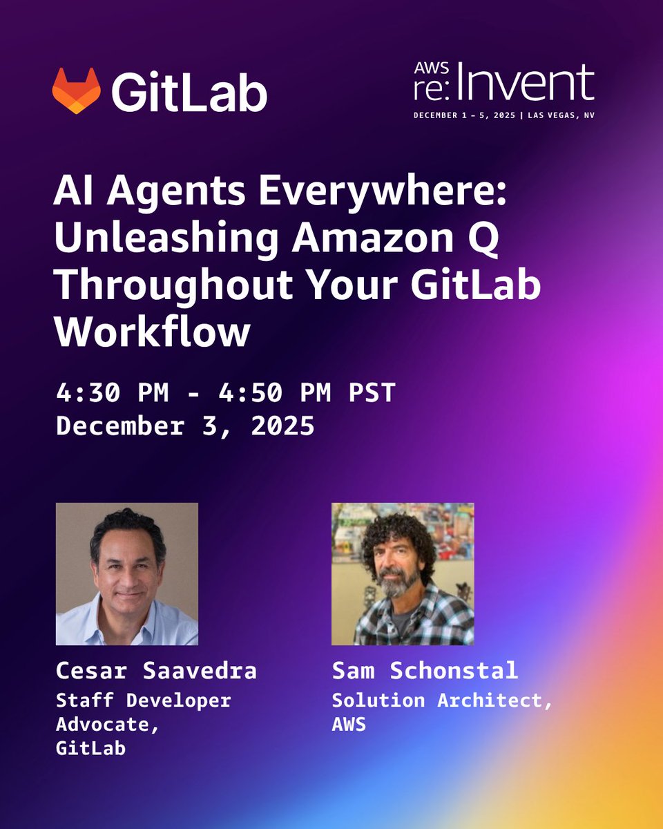 cesar_saavedr's tweet image. I’m attending #AWSreInvent in Las Vegas from Dec 1 - Dec 5, and I invite you to stop by Booth 521 for my lightning talk AI Agents Everywhere: Unleashing Amazon Q Throughout Your @gitlab Workflow on Wednesday Dec 3 at 4:30 PM. about.gitlab.com/events/aws-rei… #DevSecOps #AIML #AgenticAI