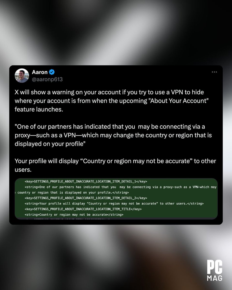 PCMag's tweet image. X is testing expanded profiles that might show an account&apos;s country and if they use a VPN. 🌐 

This move is sparking privacy concerns, as it could put journalists and activists in high-risk countries at risk. X says privacy toggles will be available.

#XPrivacy #DigitalSecurity…
