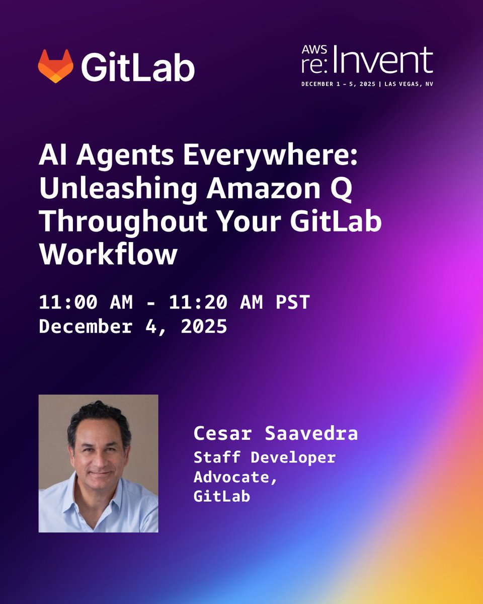 cesar_saavedr's tweet image. I’m attending #AWSreInvent in Las Vegas from Dec 1 - Dec 5, and I invite you to stop by Booth 521 for my lightning talk AI Agents Everywhere: Unleashing Amazon Q Throughout Your @gitlab Workflow on Thursday Dec 4 at 11:00 AM. about.gitlab.com/events/aws-rei… #DevSecOps #AIML #AgenticAI