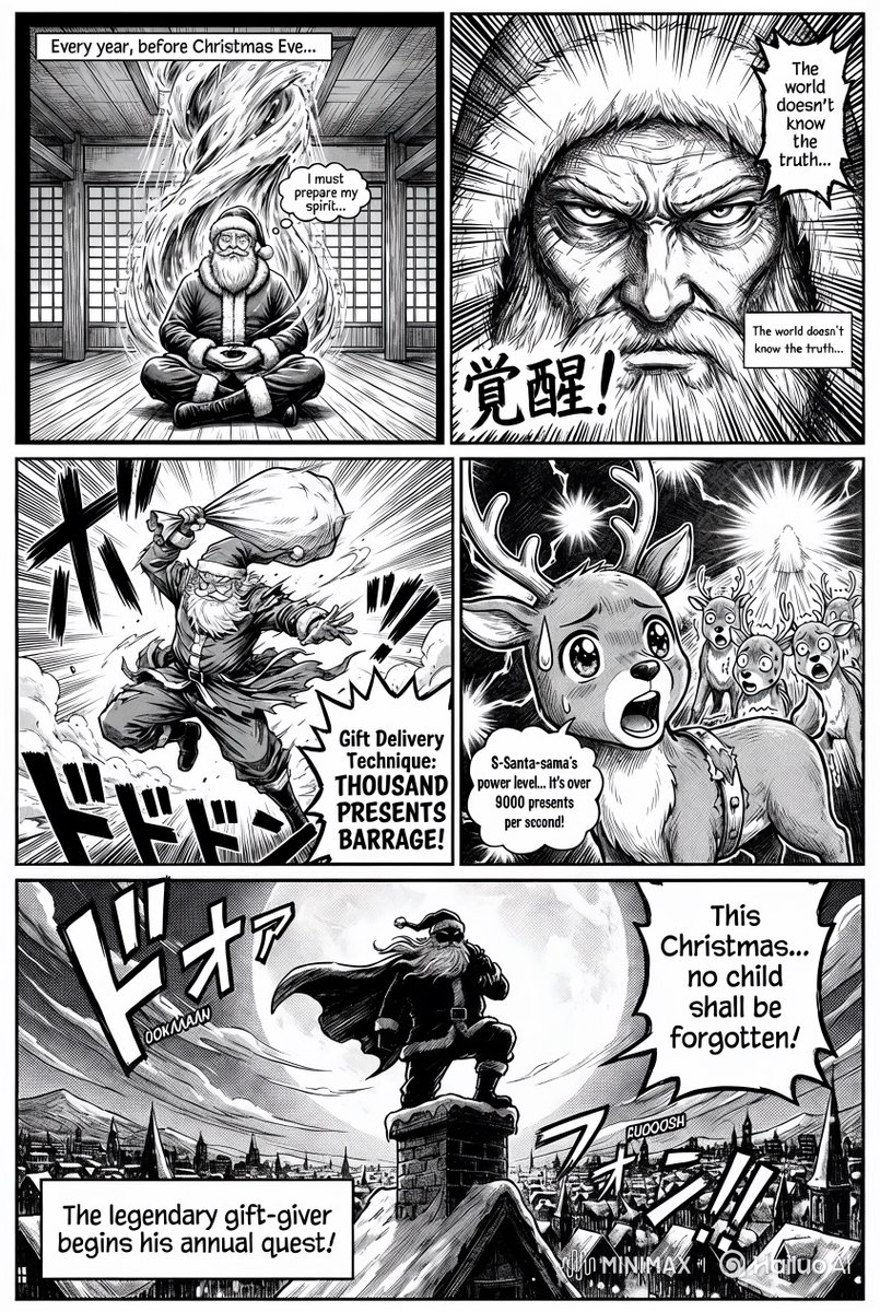 horacedodd's tweet image. @Hailuo_AI  Minimax Agent +🍌Nano Banana Pro is 🔥 Did this Christmas manga in one prompt!
Then it Transformed it from classic B&amp;amp;W manga to full anime colors with a single prompt.
Also: Hailuo members get UNLIMITED Nano Banana Pro access 🎯
#HailuoMinimax #NanoBananaPro