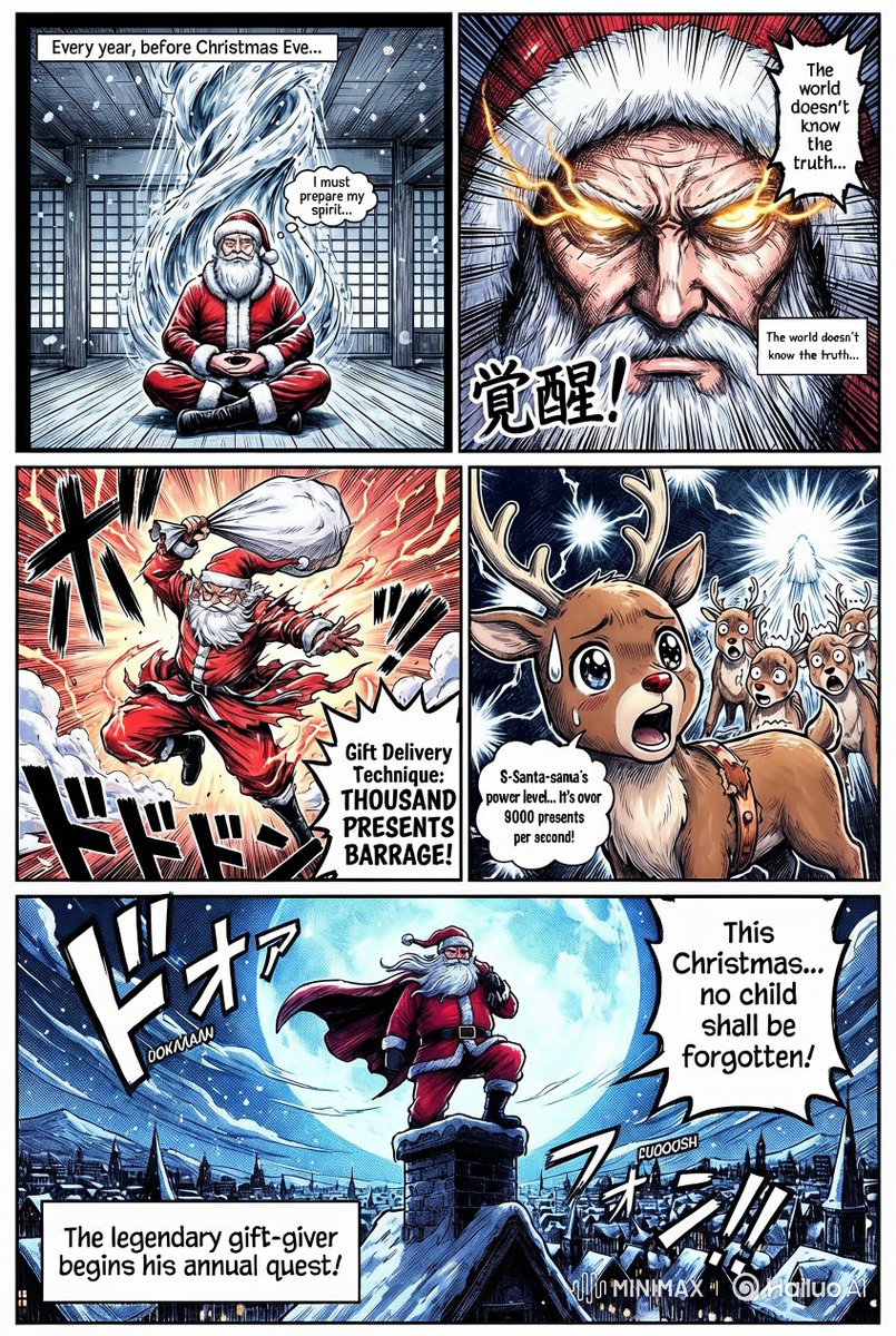 horacedodd's tweet image. @Hailuo_AI  Minimax Agent +🍌Nano Banana Pro is 🔥 Did this Christmas manga in one prompt!
Then it Transformed it from classic B&amp;amp;W manga to full anime colors with a single prompt.
Also: Hailuo members get UNLIMITED Nano Banana Pro access 🎯
#HailuoMinimax #NanoBananaPro
