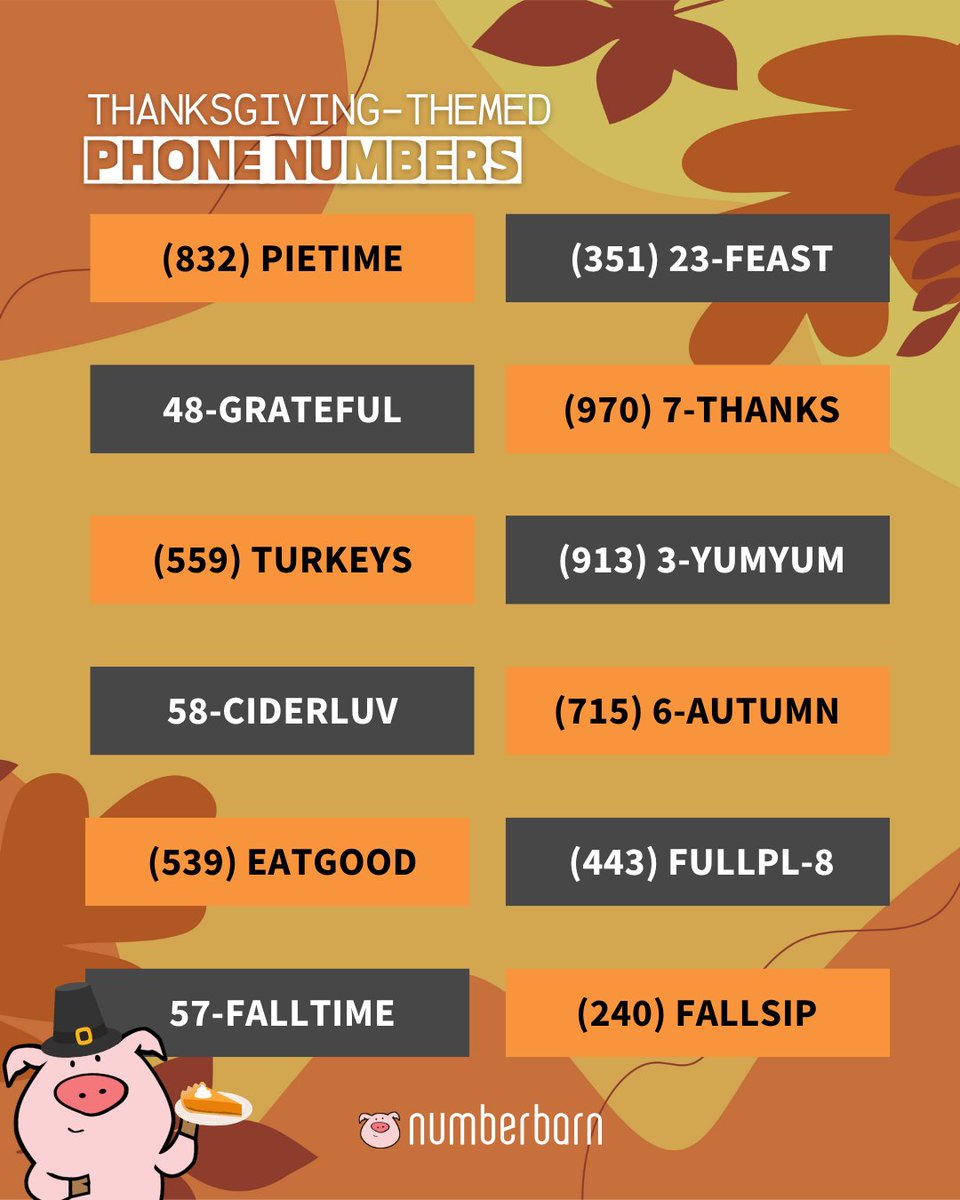 Feast your eyes on these fun fall phone numbers! Gobble up festive custom numbers (for any occasion), starting at $5 at NumberBarn! #thanksgiving #holiday #phonenumber