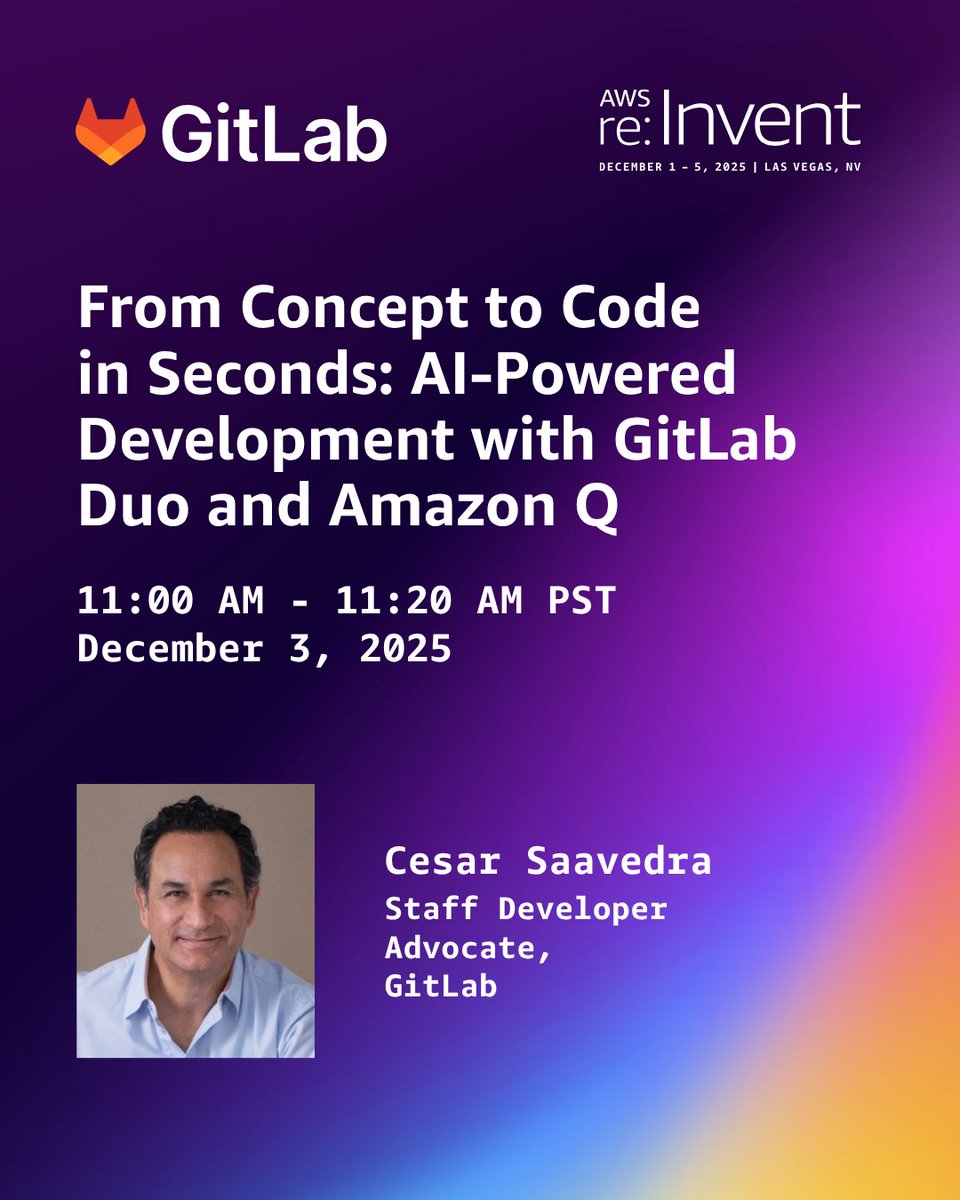cesar_saavedr's tweet image. I’ll be at #AWSreInvent in Las Vegas from Dec 1 - Dec 5, and I invite you to stop by Booth 521 for my lightning talk From Concept to Code in Seconds: AI-Powered Development with @gitlab Duo and Amazon Q on Wed Dec 3 at 11:00 AM. about.gitlab.com/events/aws-rei… #DevSecOps #AIML #AgenticAI