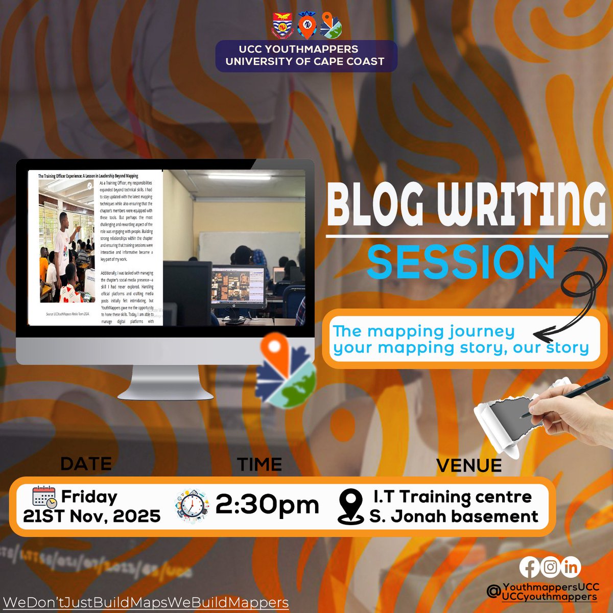 YouthmappersUCC's tweet photo. Join us for a practical and engaging blog writing training designed to help you turn simple ideas into clear, compelling, and impactful stories.
©️UCCYOUTHMAPPERS
#wedontjustbuildmap
#webuildmappers https://t.co/H9YfM1Kvpl