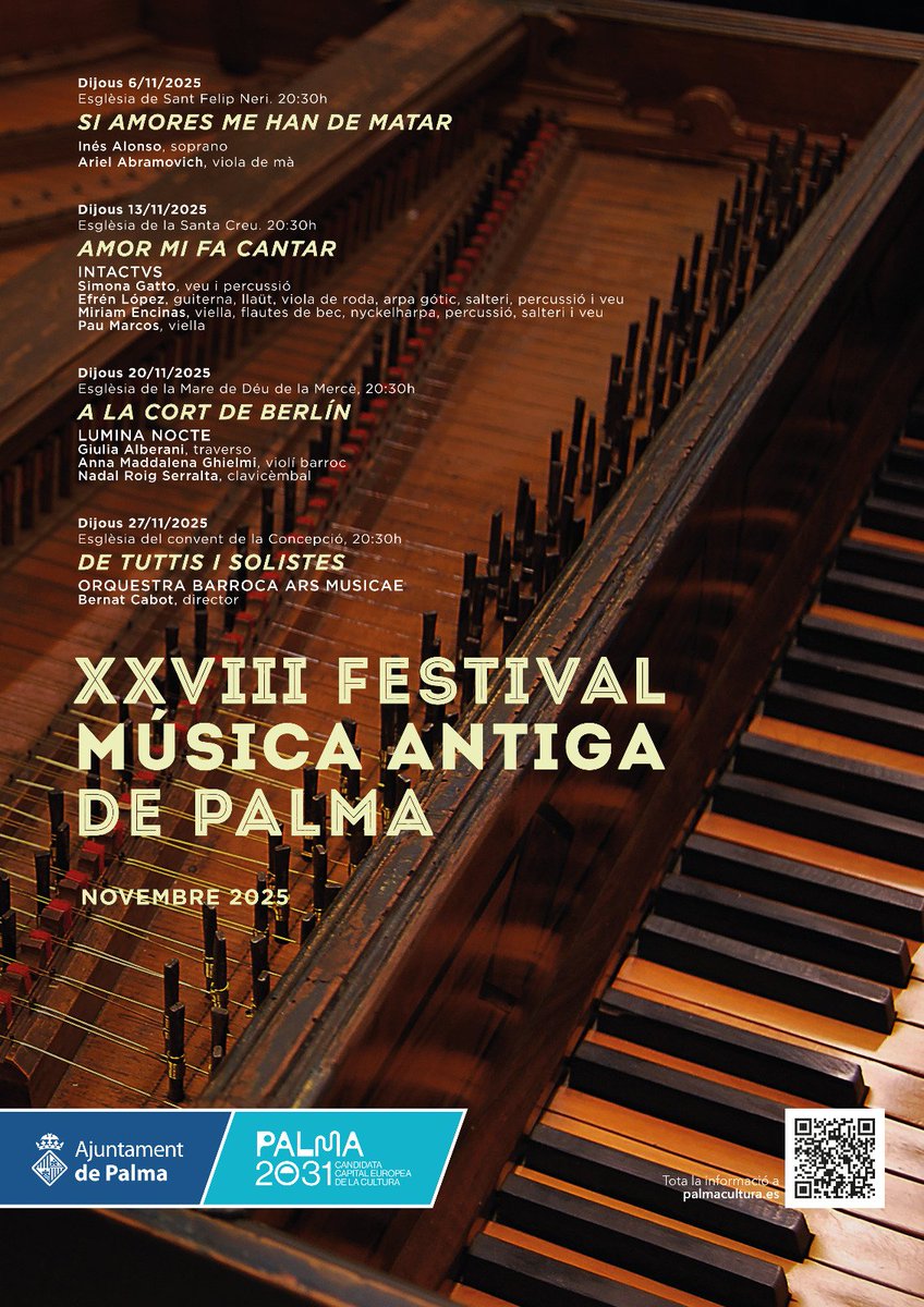 ars_musicae's tweet photo. Més ganes de música? El dijous 27 de novembre tancam el cicle de concerts del XXVII Festival de Música Antiga de Palma a les 20:30 hores a l'Església del convent de la Concepció amb "De tuttis i solistes".
Vos-hi esperam! https://t.co/pGLoW94rcM