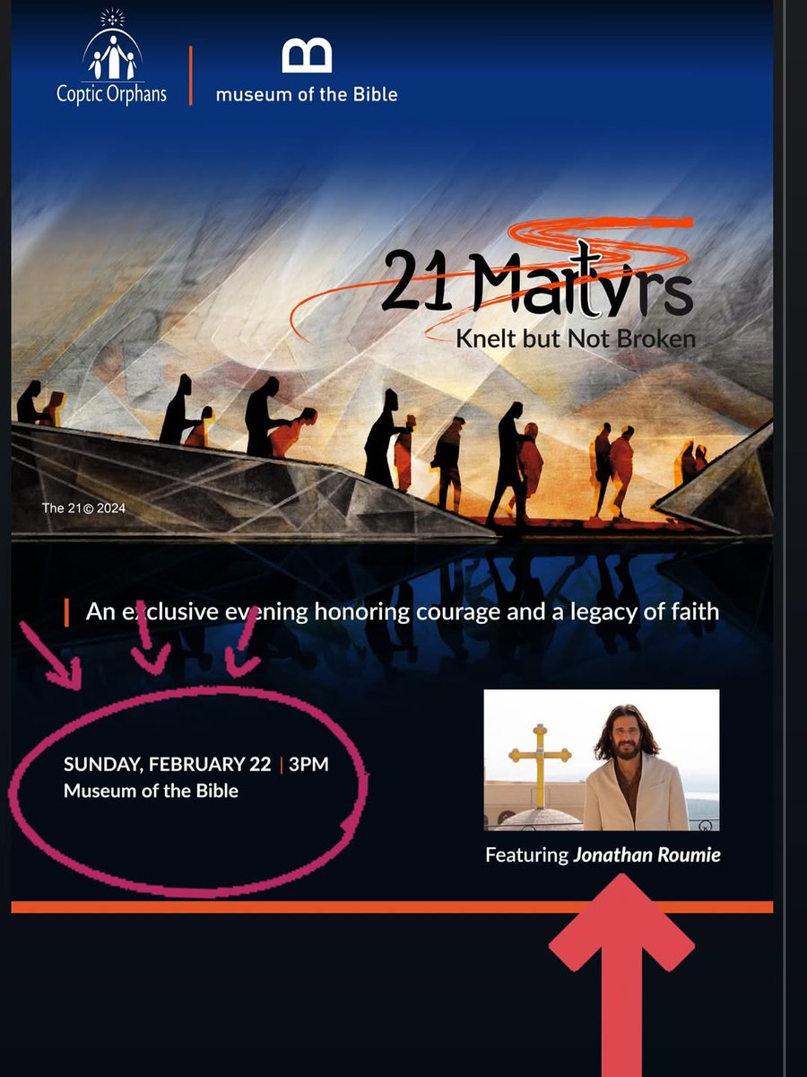 Ornelllafava's tweet photo. jonathan_roumie_fan_page Coptic Orphans, in partnership with Museum of the Bible, is organizing this one-of-a-kind cinematic experience to honor 21 ordinary men from Egypt who made an extraordinary choice: when asked to deny Christ or face a brutal death, they chose faith. Their story has reverberated across the globe, inspiring millions and becoming a symbol of modern-day martyrdom.
Jonathan Roumie, from The Chosen, will be joining us in person to share his experience producing The 21 film.
This event invites you to explore the foundations of the early church as seen through the lived witness of today’s Coptic community of Egypt.