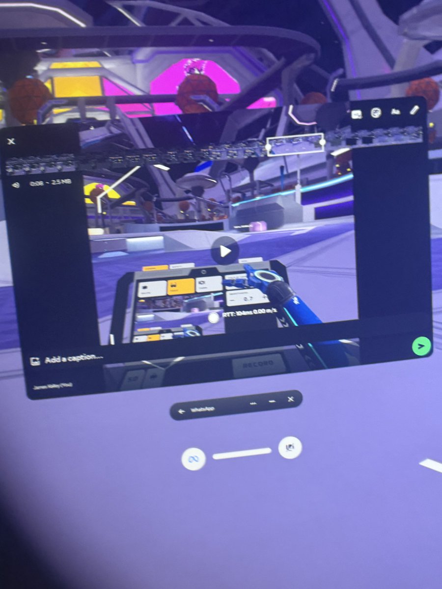 Sometimes I use Whatsapp on Quest to trim a short region from a longer video.

For privacy reasons, WhatsApp is invisible in the on-headset recordings. Through the lens pics was the only way.