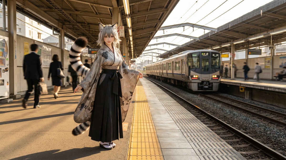 Character on Japanese train platform with matched lighting