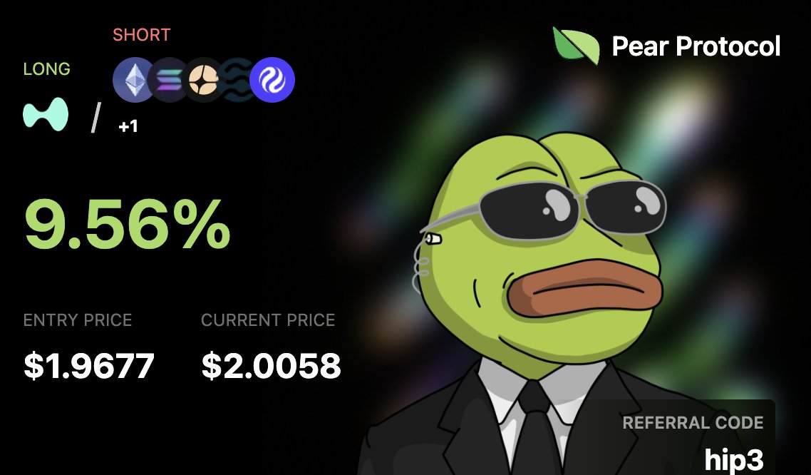 yieldyumi's tweet photo. Finally got around to setting up @pear_protocol and its quite useful in this market environment

tl;dr -- Pear is a pair-trading app built on Hyperliquid (via builder codes), so you can use your HL account directly and get to farm @HyperliquidX  + @unitxyz. Rewards pay out in HYPE, which is a nice bonus. Awesome product by @hufhaus9

The real value is being able to bet on relative strength instead of raw direction. Stuff like:
- long XYZ100 / short BTC
- long SOL / short ETH
- long majors / short high fdv/junk memes
etc

Makes it way easier to stay positioned without chopping your port

Low daily user count (50-60) and a solid pool of HYPE rewards (6k) for season 2 which kicked off recently, so solid time to hop in. 

I'm gonna play around with it more, but some initial thoughts:
- Very clean UI, which makes it easy to navigate. Yes, you can put on some of these pair trades manually, but it can be tedious if one of the legs is a basket
- The builder code fee is quite high at 6 bps, which I would like to see come down some (but understand given the lower volume on the platform)
