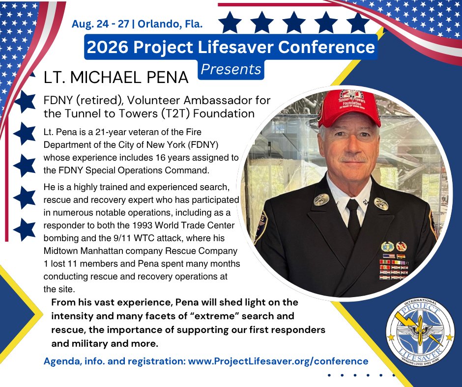 ProjectLifesavr's tweet image. Sneak peek: Lt. Michael Pena on “extreme” search and rescue and more at the 2026 Project Lifesaver conference. Registration&apos;s open; put in your departmental request now while decisions are being made and early-bird pricing is in effect! ProjectLifesaver.org/conference   #ProjectLifesaver