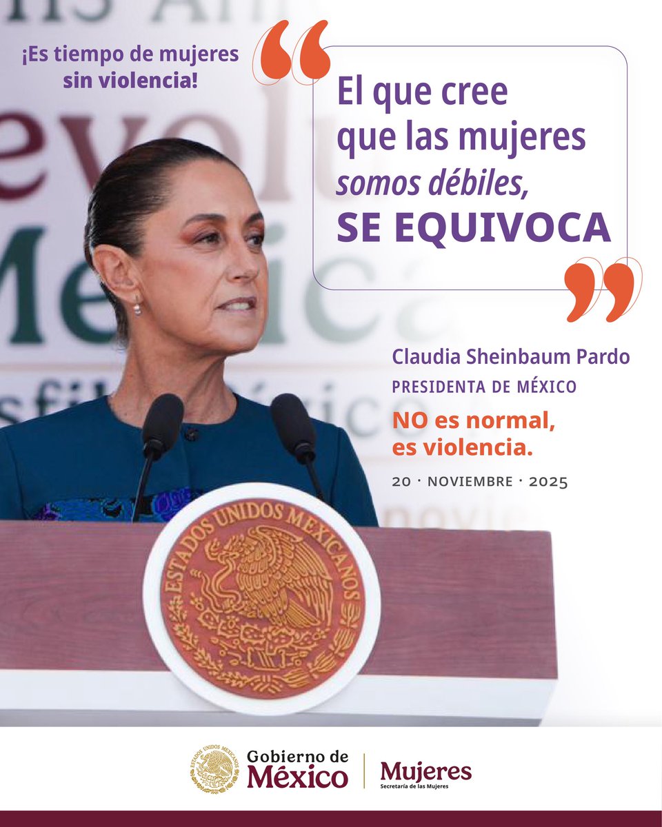 Desde la Secretaría de las Mujeres respaldamos el llamado de la Presidenta <a href="/Claudiashein/">Claudia Sheinbaum Pardo</a> a construir un México libre de violencia, donde se reconozca la fuerza de las mujeres.

#NoEsNormalEsViolencia