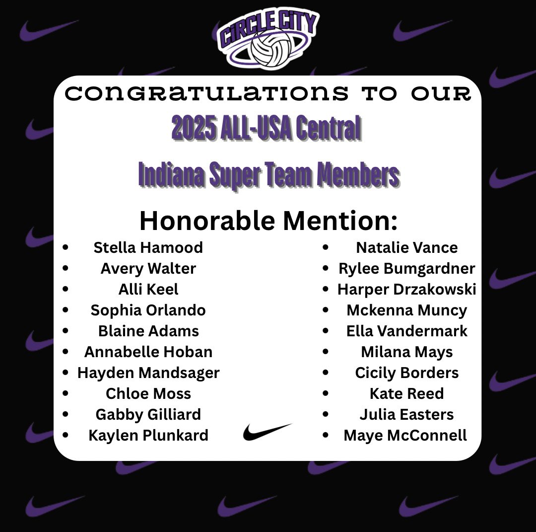 circlecityvbc's tweet photo. Congratulations to all of our 2025 ALL-USA Central Indiana Super Team members! We are so proud of all of you and your success during your High School seasons! 🔥 Can’t wait to see it continue during the Club Season coming up! 🤩#CircleCityElite https://t.co/mo4ZIMaV6I
