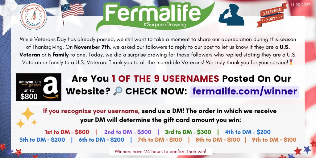 fermalife's tweet image. ✨SURPRISE✨On Nov. 7th, we asked our followers to reply to our post if they are a U.S. Veteran/family to one. Today, we did a surprise drawing for those who responded. Thank you Veterans for your service!🎖️Did you win up to a $800 #AmazonGiftCard? CHECK NOW:…