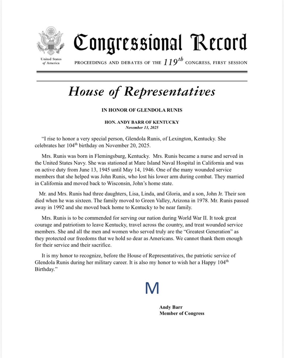RepAndyBarr's tweet image. Happy 104th Birthday to Glendola Runis! Mrs. Runis is a WWII Veteran and retired nurse. Serving as a Navy nurse, she cared for our WWII heroes with dedication and compassion. Please join us in wishing Mrs. Ruins a very happy birthday!