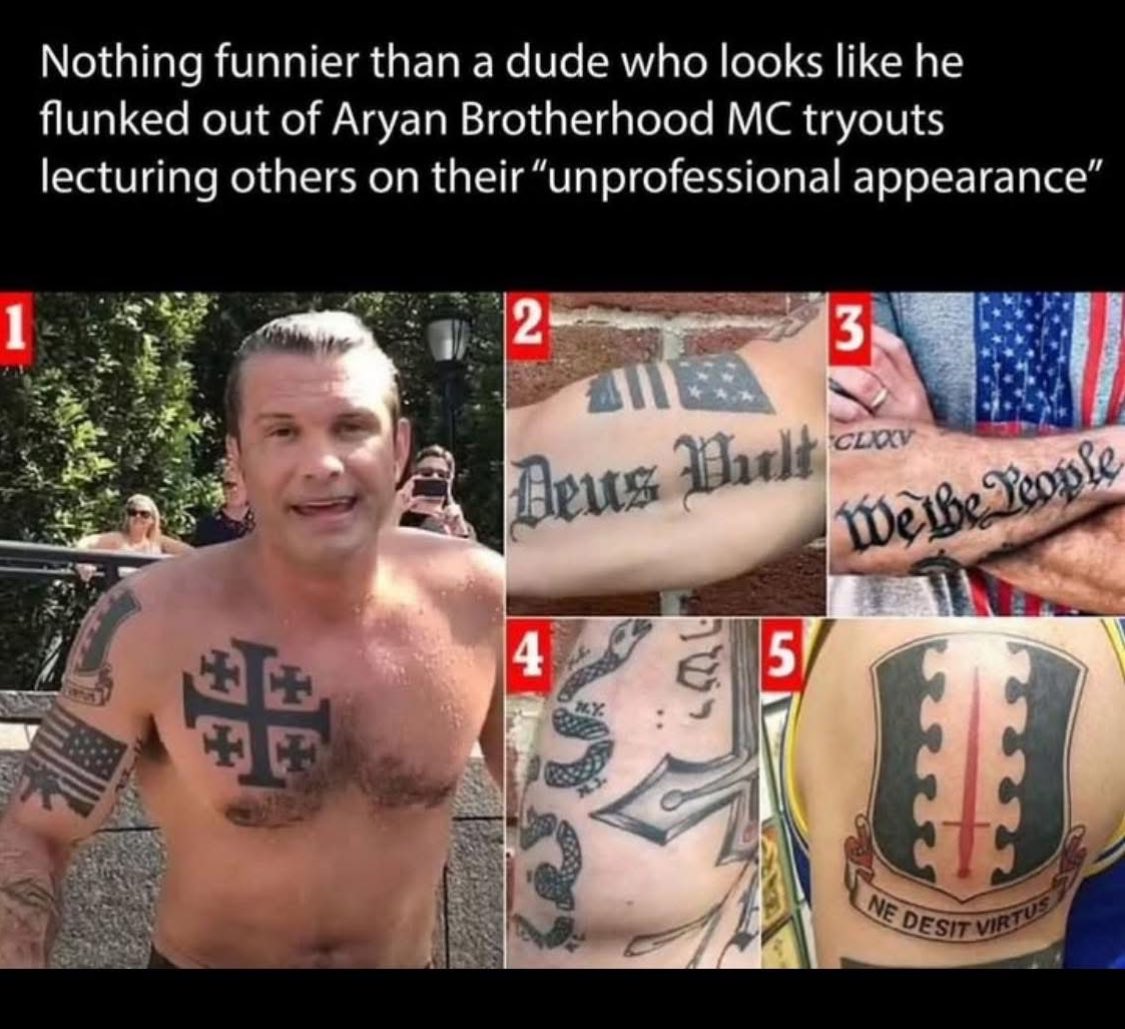 Christo12919382's tweet image. You know that Hegseth was BANNED from Biden&apos;s Inauguration because of his white nationalist tattoos, right? 

Hegseth is also banning any books dealing with racism and white nationalism.