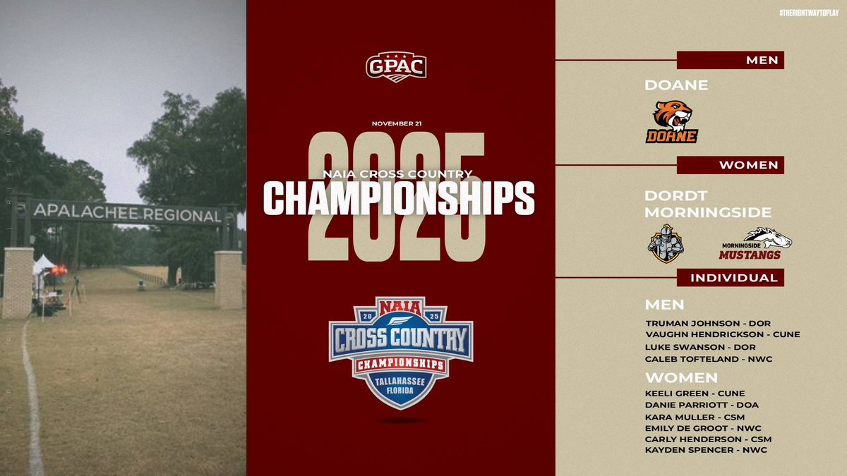 The <a href="/NAIA/">NAIA</a> Cross Country Championships are Friday in the ☀️State!  

Women’s race at 7:30am (Central) and men to follow in Tallahassee, Florida. Watch live on <a href="/UrbanEdgeNet/">Urban Edge Network</a> 

#TheRightWaytoPlay 
#TheGPACWaytoPlay