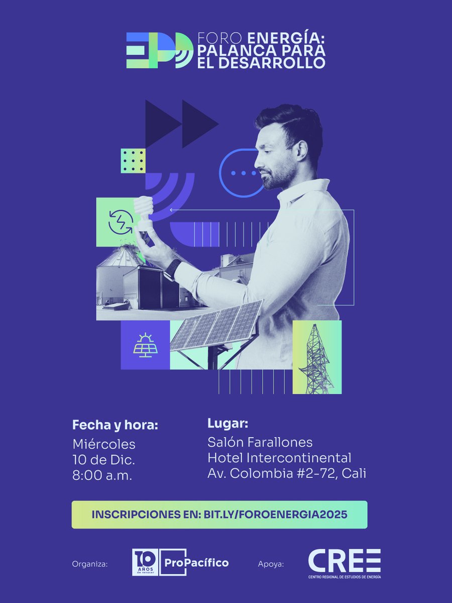 ProPacificoOrg's tweet image. 🌎🔌 Agéndate para el foro ‘Energía: palanca para el desarrollo’, un espacio donde líderes de los sectores energético y productivo, hablarán sobre los escenarios actuales y futuros de la región Pacifico. 

🔗 Inscripción: bit.ly/ForoEnergia2025