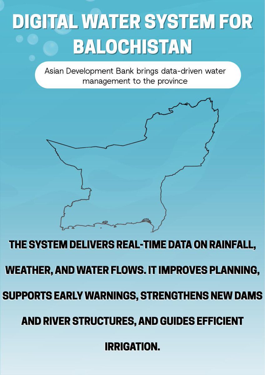 LailayousafZ's tweet image. Asian Development Bank  has initiated a digital water and weather system in Balochistan to tackle water shortages. 
The system provides real-time data on rainfall, temperature, wind, and water flows, 
#balochistan #AsianDevelopmentBank