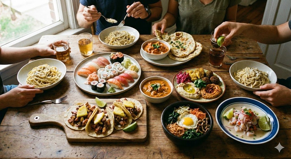 一张摆满菜肴的桌子的照片，我应该尝尝这些菜。