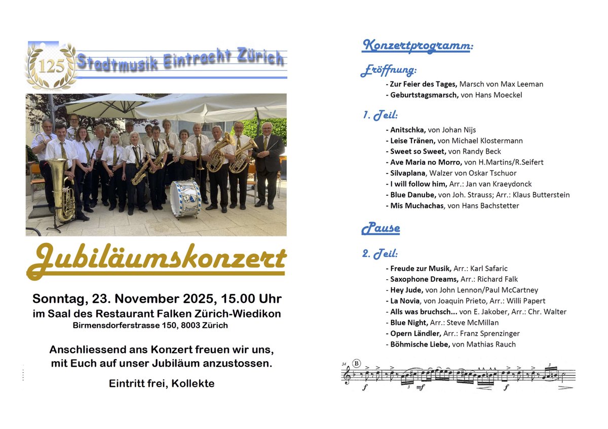 Die Stadtmusik Eintracht Zürich (SMEZ) wird 125 Jahre alt. Wir gratulieren und haben in der Vereinschronik viele Anekdoten gefunden wie einen gewonnen Namensstreit. Diesen So, 23.11. findet im Falken um 15:00 Uhr das Jubiläumskonzert statt.

Mehr: 
☞👉 quartierverein-wiedikon.ch/aktuelles/626.…