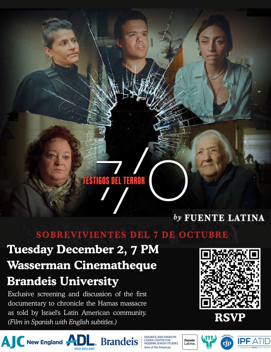 📽 Join JFS at <a href="/CohenCenter/">Cohen Center for Modern Jewish Studies</a> Brandeis for an exclusive screening of “7/10: Testigos del Terror,” the first documentary capturing Oct. 7 through Israel’s Latin American community.

📅 Dec 2, 2025
📍 Wasserman Cinematheque

Register: docs.google.com/forms/d/e/1FAI…