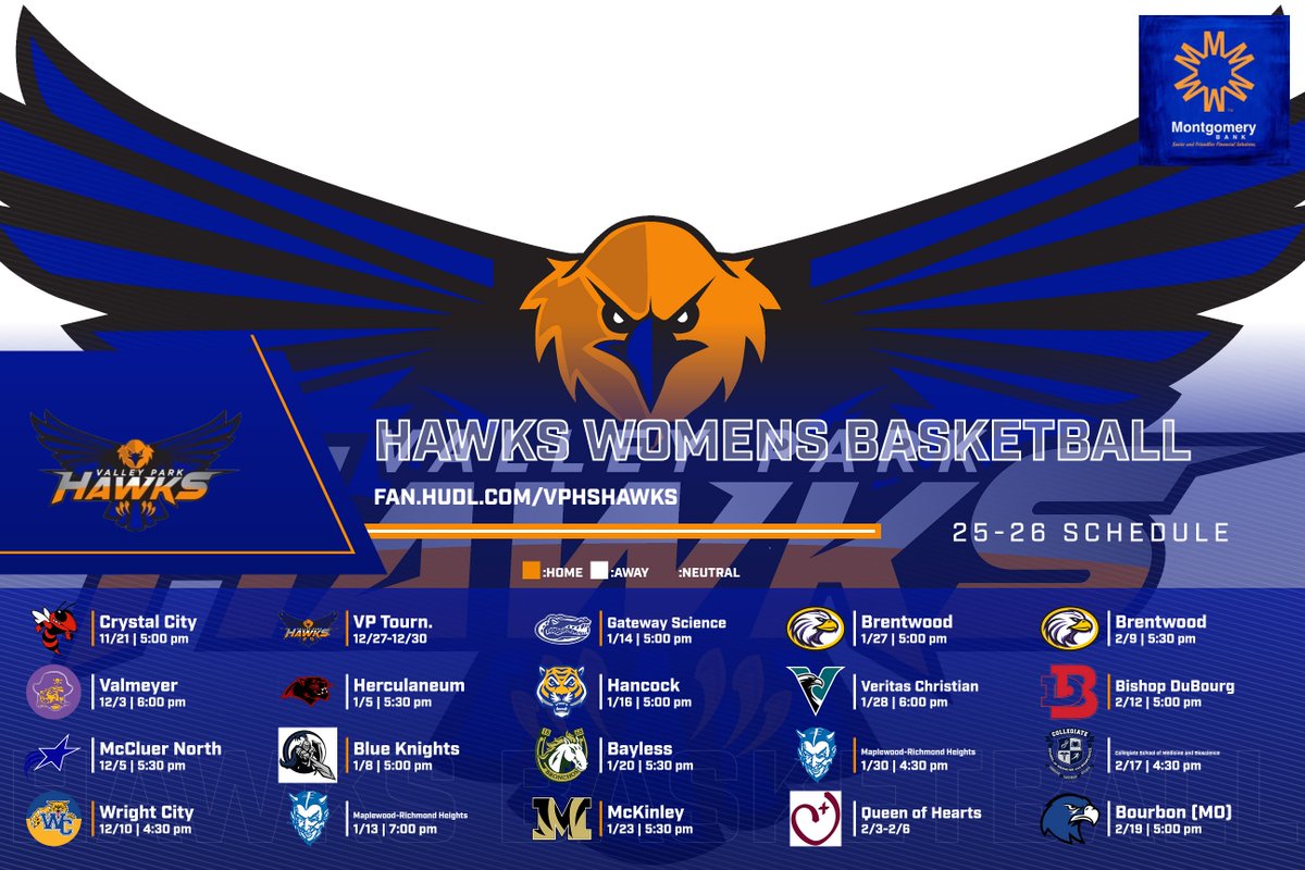 Hoops Season is Here! 🏀
The 2025-26 Valley Park Girls Basketball schedule is officially HERE!
Mark your calendars, pack the stands, and get ready to cheer on our Hawks all season long.