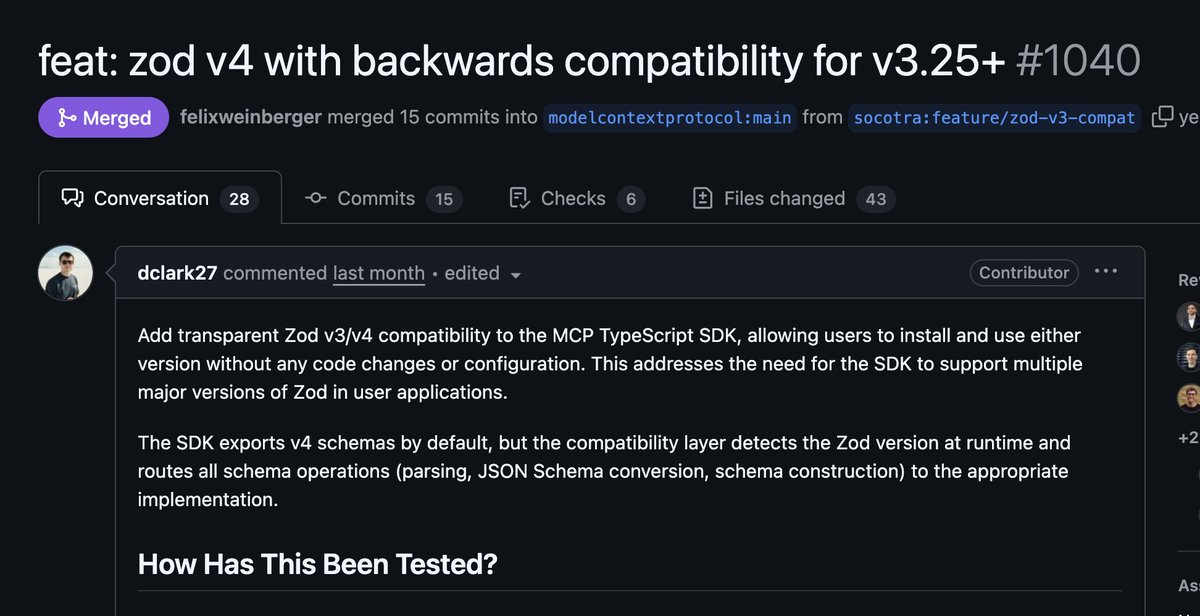 colinhacks's tweet image. coming in the next version of the MCP SDK 

Zod 4 support