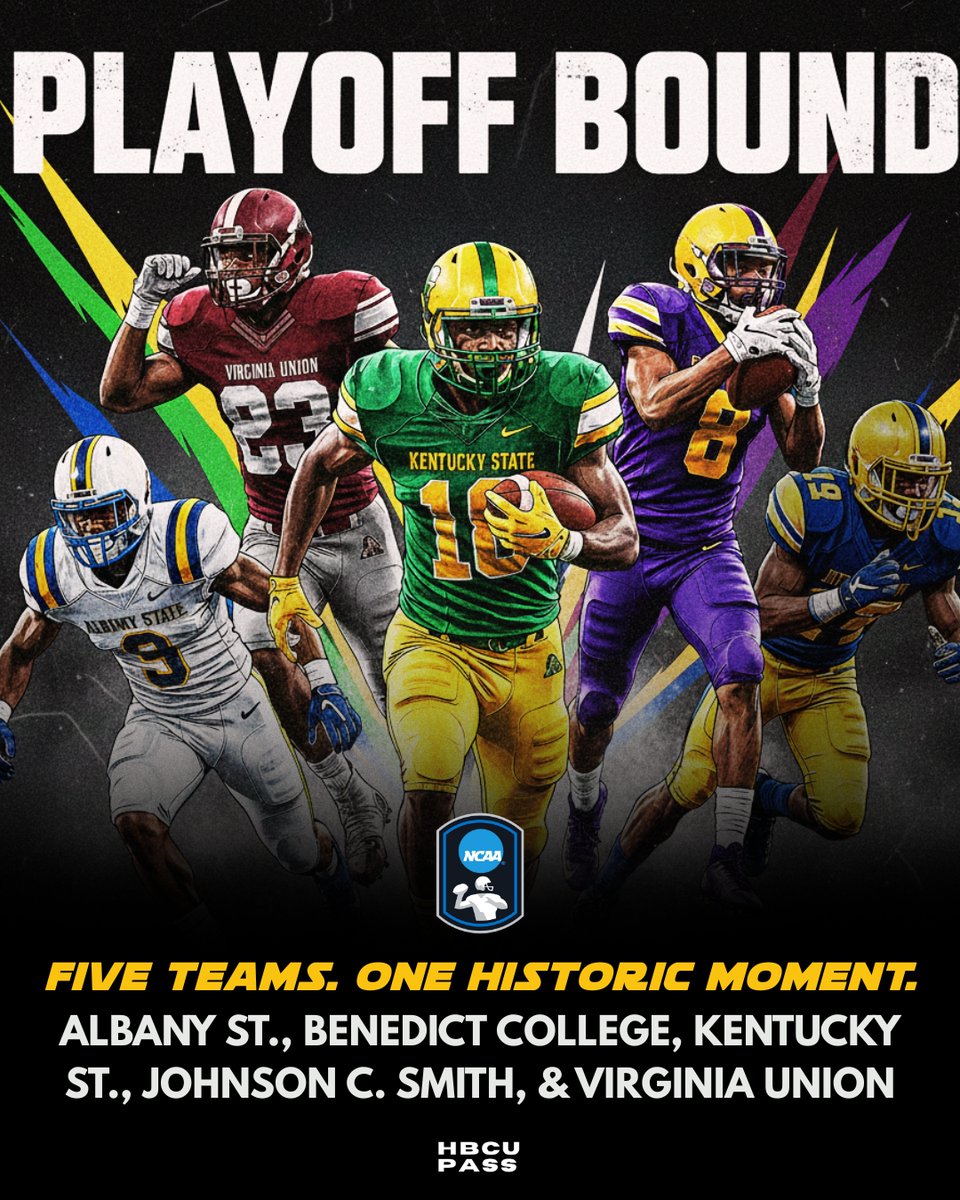 HISTORY MADE.

Five HBCU programs: Kentucky State, Benedict, Albany State, Virginia Union and Johnson C. Smith.... are PLAYOFF BOUND in the NCAA Division II bracket.
A landmark moment for D2 football and one of the biggest postseason showings in HBCU history.
