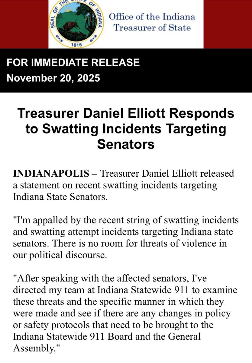 TOS_Elliott's tweet image. Treasurer Daniel Elliott releases statement regarding recent swatting attempts on Indiana State Senators.
