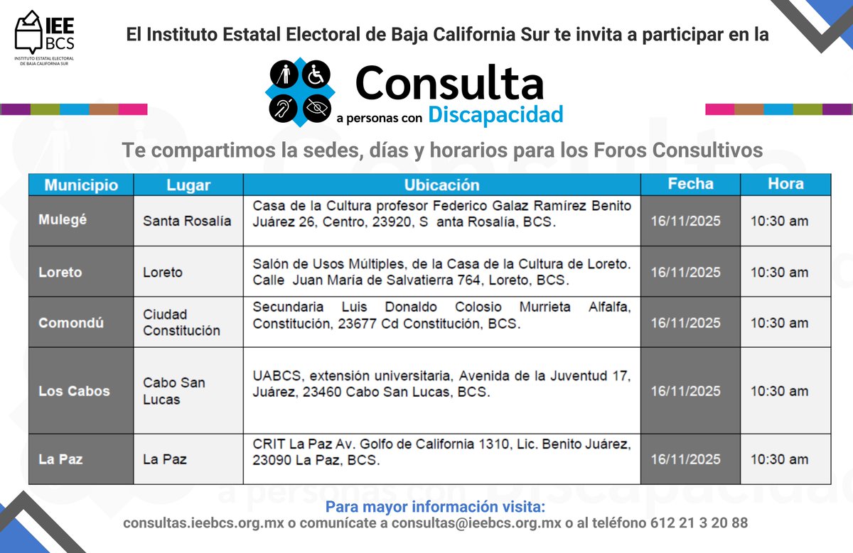 ieebcs's tweet image. El #IEEBCS se encuentra realizando las Consultas Previas, Libres e Informadas dirigidas a grupos de atención prioritaria. 

¡Ingresa a las convocatorias, infórmate, regístrate y participa!
consultas.ieebcs.org.mx/inicio