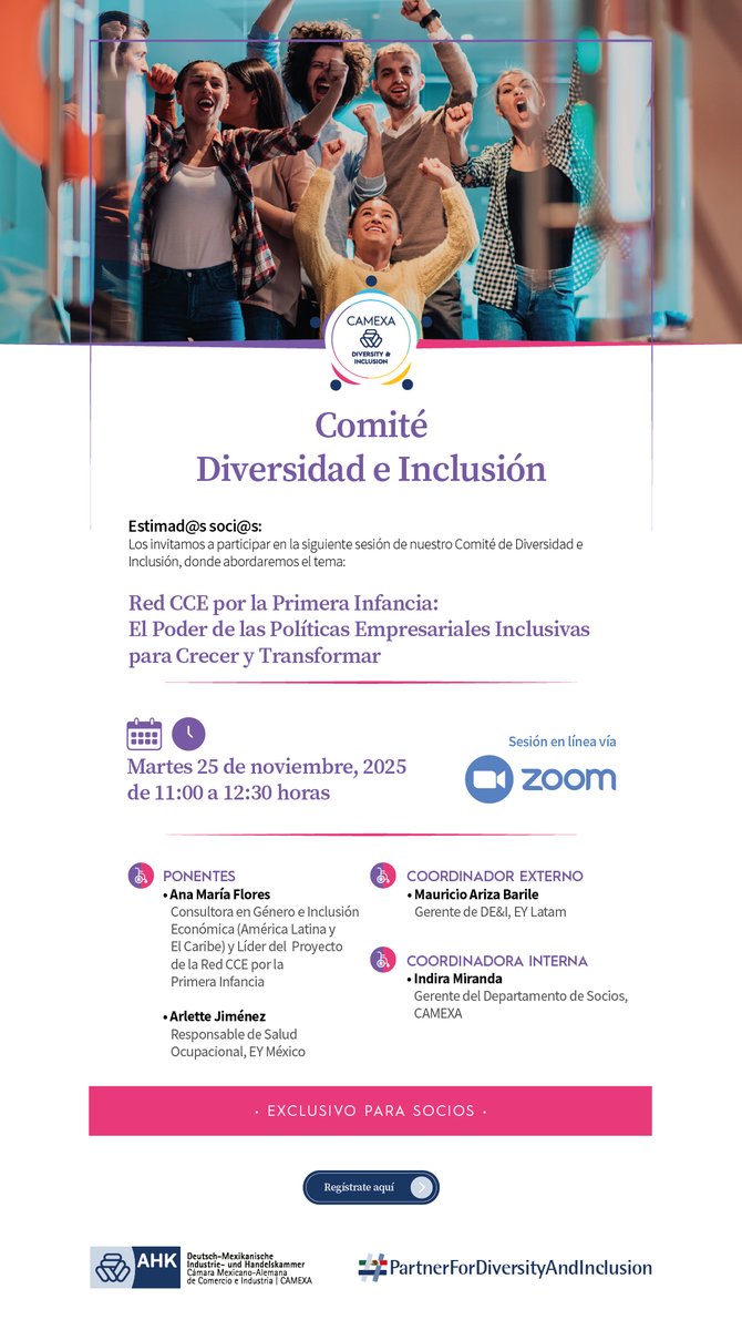 AHKMexikoCAMEXA's tweet image. Los invitamos a la última sesión del 2025 del comité de Diversidad e Inclusión en colaboración con la Red del CCE por la Primera Infancia sobre políticas inclusivas

🗓️25 nov |⏰11:00 h. |💻Virtual

👉 Regístrense: camexa-formularios.com/formulario/ins… 

#DiversityAndInclusion #PartnerEnMéxico