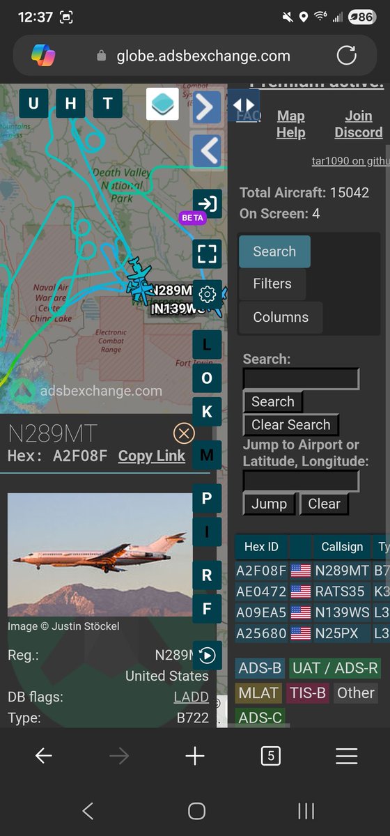 norb420's tweet photo. #A2F08F as #N289MT/#VOODOO1 
#AE0472 as #RATS35
#A09EA5 as #N139WS
#A25680 as #N25PX
#A19F14 as #N203VS 

Nice day for a test! VOODOO1 and couple of L39's are working in the Panamint MOA. RATS35 is setting up a refueling track in the Shoshone MOA. And N203VS is working in the Eastern part of R-2515.