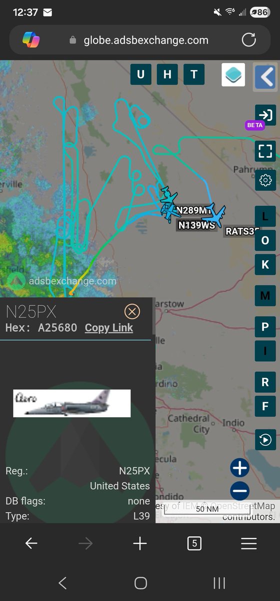 norb420's tweet photo. #A2F08F as #N289MT/#VOODOO1 
#AE0472 as #RATS35
#A09EA5 as #N139WS
#A25680 as #N25PX
#A19F14 as #N203VS 

Nice day for a test! VOODOO1 and couple of L39's are working in the Panamint MOA. RATS35 is setting up a refueling track in the Shoshone MOA. And N203VS is working in the Eastern part of R-2515.