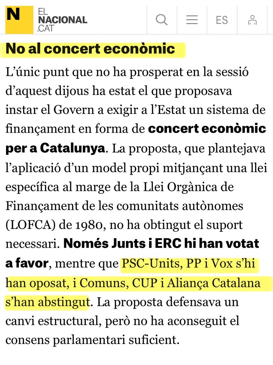 Que el PSC voti en contra del concert econòmic els despulla davant el relat que estan a favor d’un nou finançament “singular” per Catalunya. Per evitar-ho, es recolza amb el tripartit espanyol (Vox i PP). 

Que Comuns, CUP i Aliança no donin suport al concert… Enfi, deunido 🤦🏻