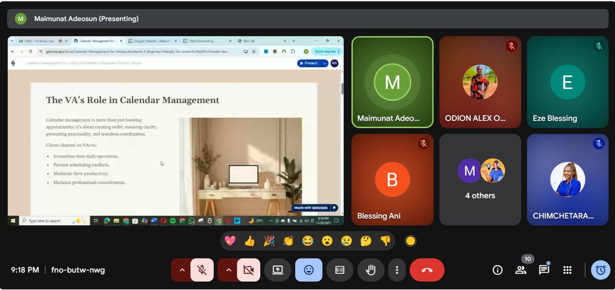 theglobalmarvie's tweet image. Day 5 ✅

Today’s class covered everything a newbie Virtual Assistant should know about Calendar Management and Timezones 🙌

A big thank you to @MaimunatAbidemi for being so articulate and delivering insights so intelligently ❤️

Let’s keep soaring! 🥂

#VirtualAssistant
