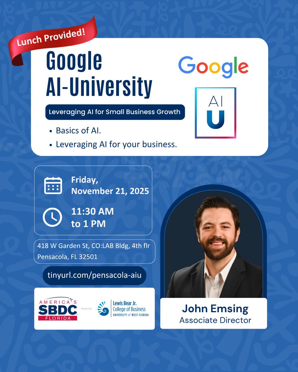 Pensacola Small Biz Owners: Learn to use AI to save time &amp; boost growth! 🚀 Join our Google AI University workshop November 21st. Get practical, actionable steps for AI adoption. Lunch will be provided. Register now! monkeylink.co/b431e8 
#Pensacola #SmallBusiness #AITraining