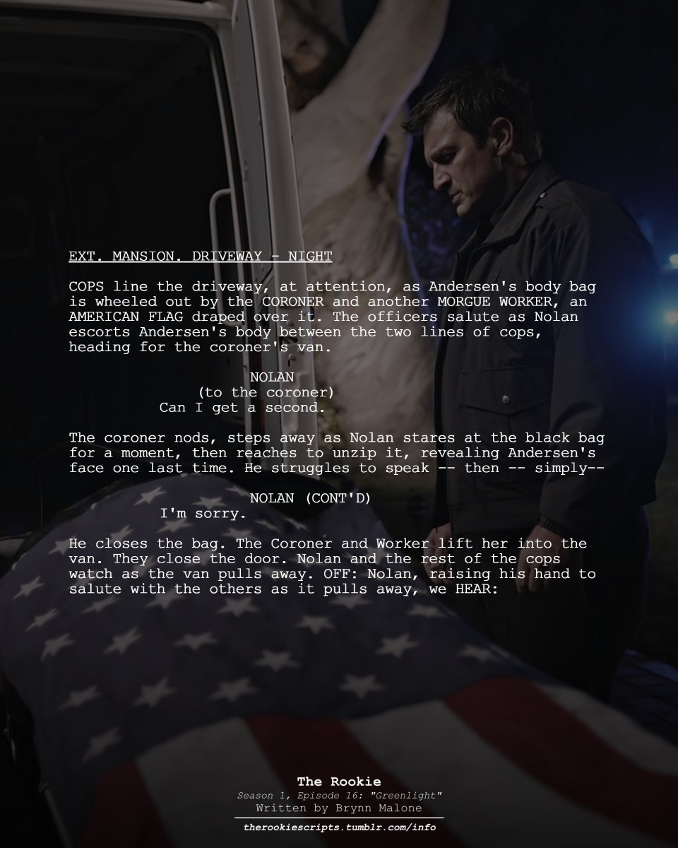 rookie_scripts's tweet image. Nolan says goodbye to Andersen. (Deleted Action + Changed Direction)

— THE ROOKIE
Season 1, Episode 16: “Greenlight”
Written by Brynn Malone

#TheRookie #TheRookieScripts