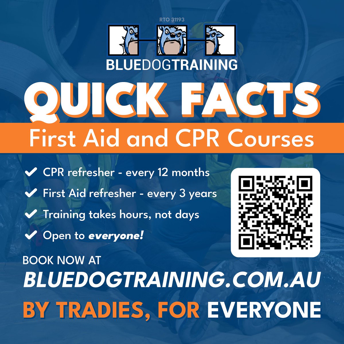 BlueDogTraining's tweet image. The newest courses in the Blue Dog line-up are ready to book.
✔ HLTAID011 Provide First Aid
✔ HLTAID009 Provide Cardiopulmonary Resuscitation

Confidence starts here -&amp;gt; ap1.hubs.ly/y0pmTl0

#FirstAidFacts #FirstAidTraining #CardiopulmonaryResuscitation #BlueDogTraining